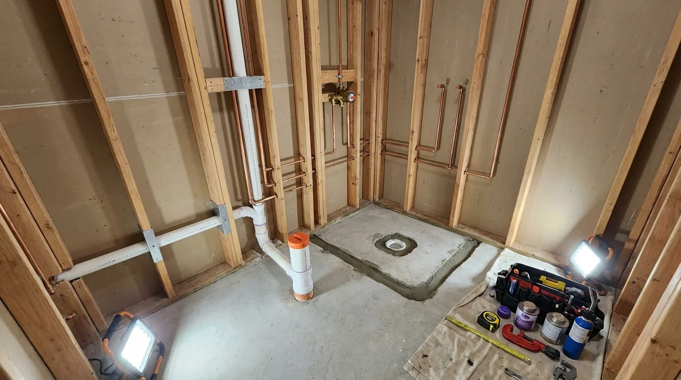 Bathroom rough-in plumbing during remodel by Johns Plumbing LLC in East Saint Louis