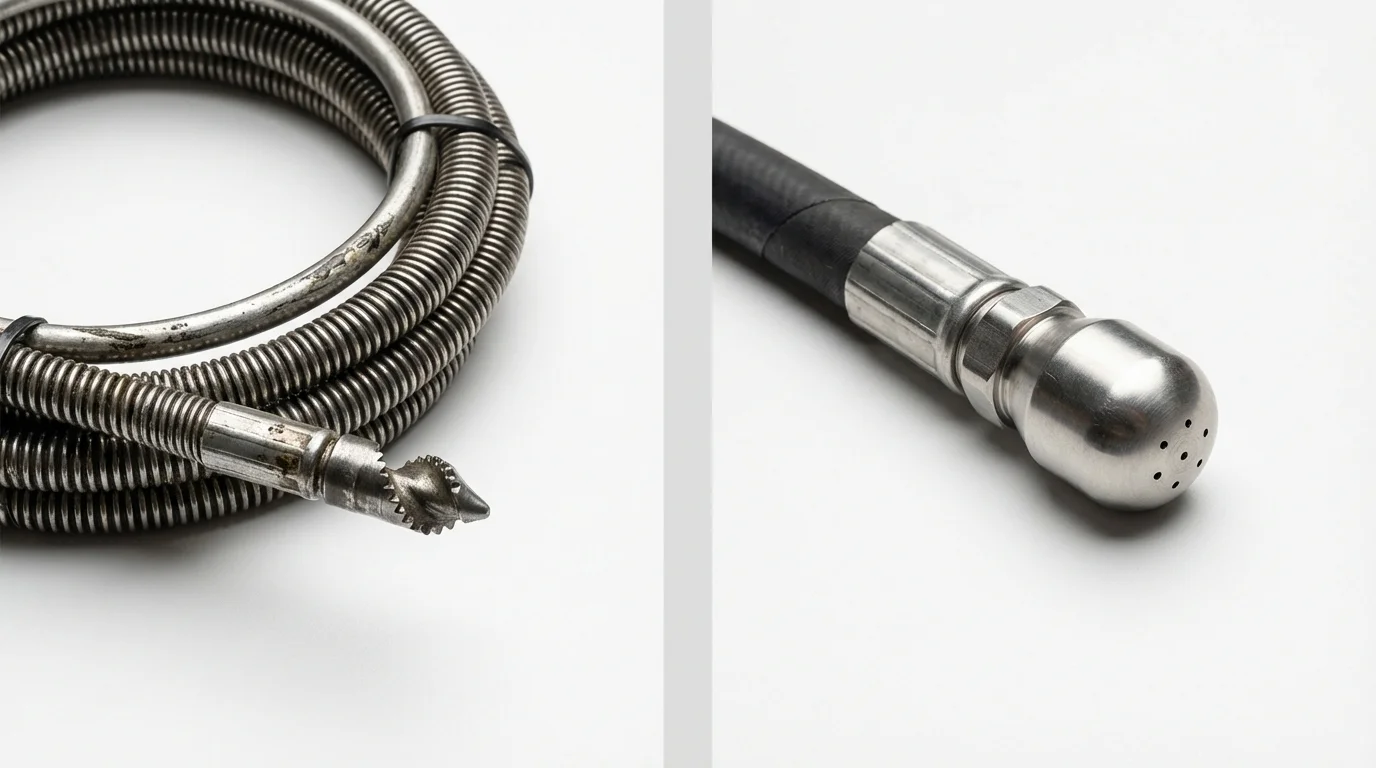 Drain snake cable and hydro jetting nozzle used for drain cleaning in East Saint Louis, IL