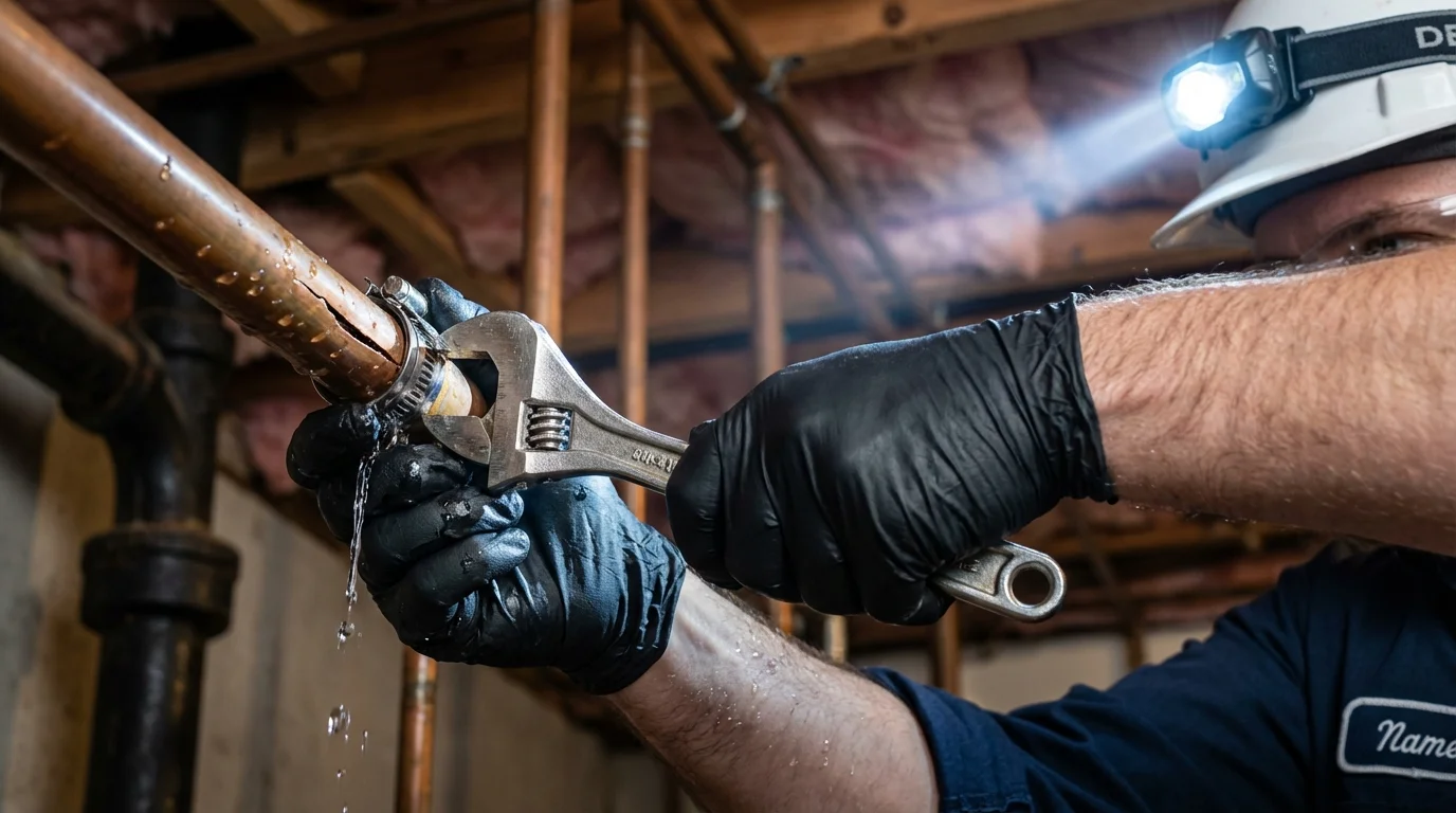 Emergency pipe clamp repair being performed by a Johns Plumbing LLC plumber in East Saint Louis