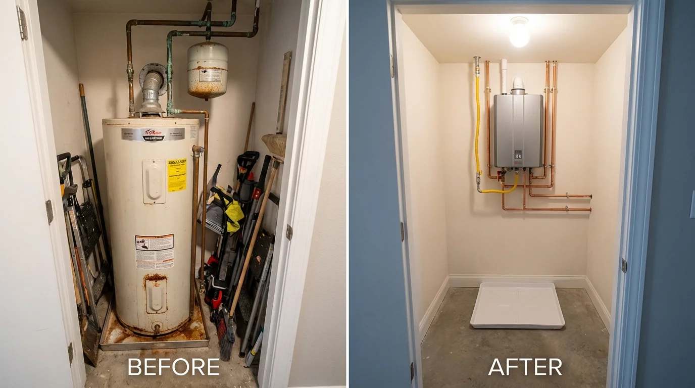 Tank water heater versus wall-mounted tankless unit comparison for East Saint Louis, IL homeowners