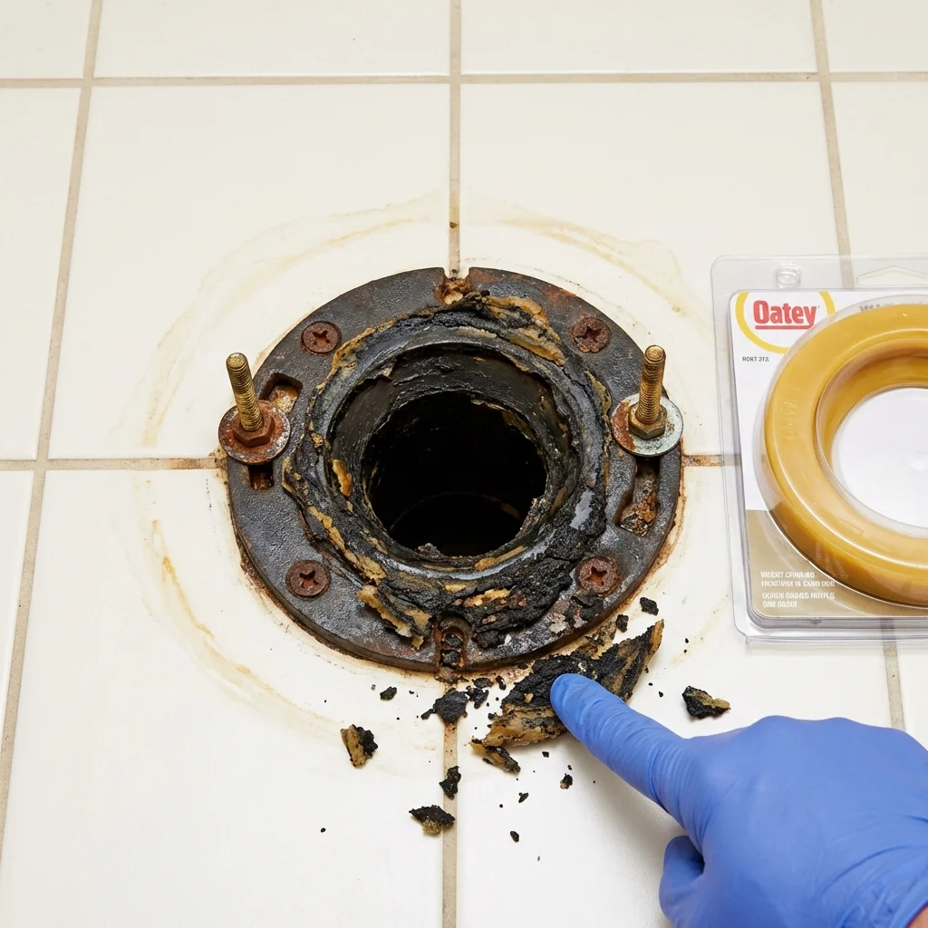 Failed wax ring showing water seepage at the base of a toilet in a East Saint Louis, IL home