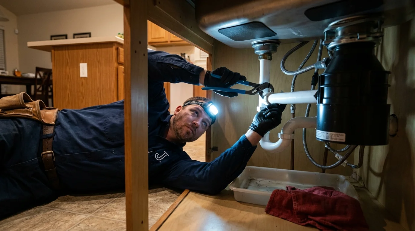 P-trap and supply line connections under a kitchen sink showing a common leak point in East Saint Louis, IL